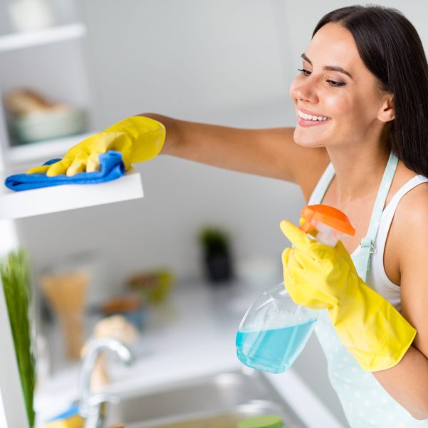 Profile side photo of positive cheerful girl wash shelves in kitchen use spray rubber yellow gloves blue rug feel comfort in modern house